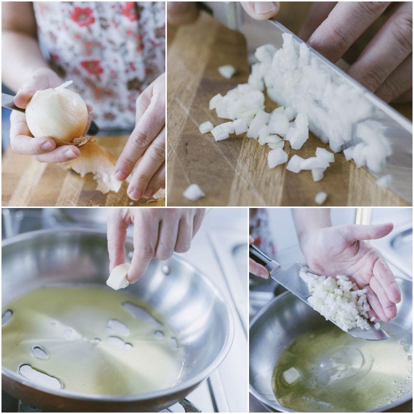 Cipolla sbucciata, tritata sul tagliere e versata in padella con olio per il soffritto