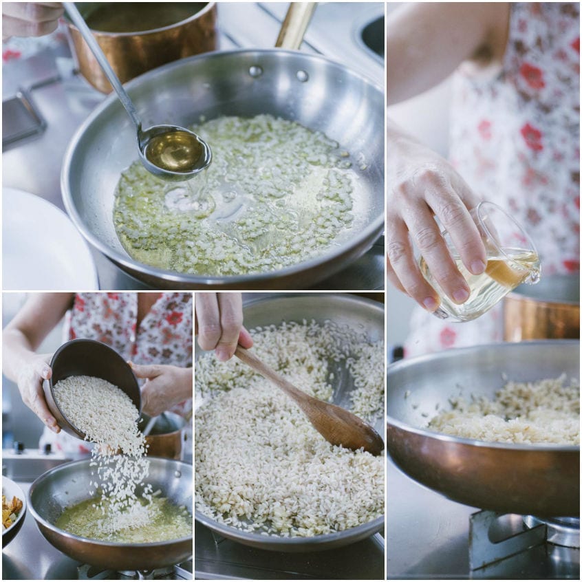 Tostatura del riso in padella con sfumatura di brodo e vino bianco