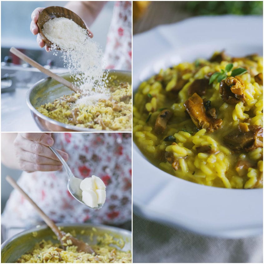 Mantecatura del risotto con Grana Padano grattugiato che cade e una noce di burro sulla spatola