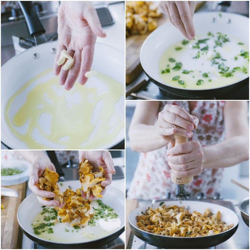 Preparazione dei finferli in padella: aglio, erbe aromatiche, funghi e pepe macinato al momento