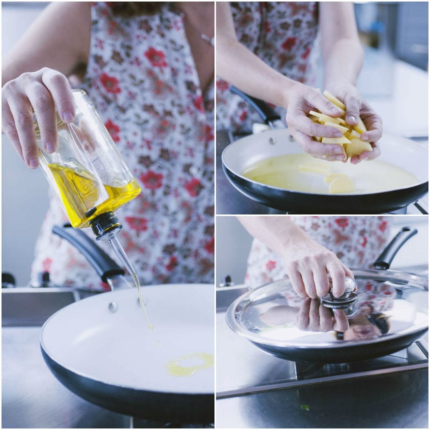 Olio versato in padella, poi patate a tocchetti aggiunte e coperte con il coperchio