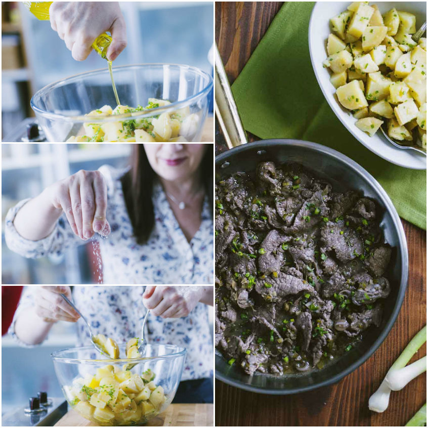 Patate condite con olio e sale servite accanto a straccetti di carne saltati con erba cipollina