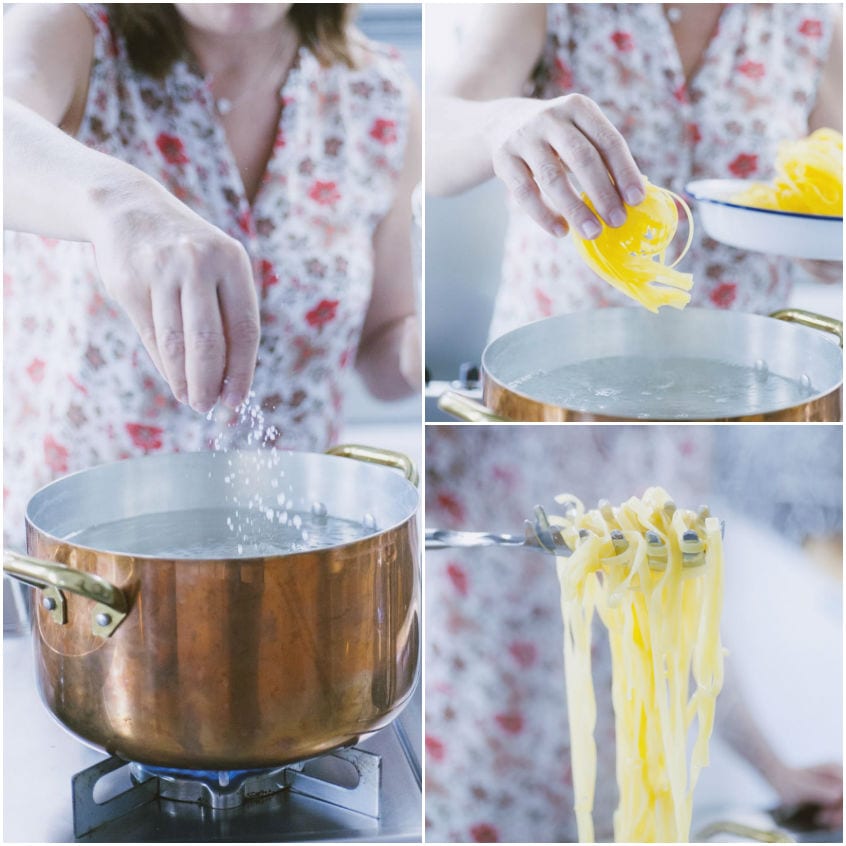 Tagliatelle fresche calate in acqua bollente e scolate con forchettone