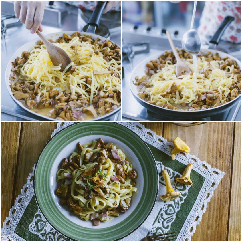 Tagliatelle saltate in padella con finferli e speck, poi impiattate con timo fresco