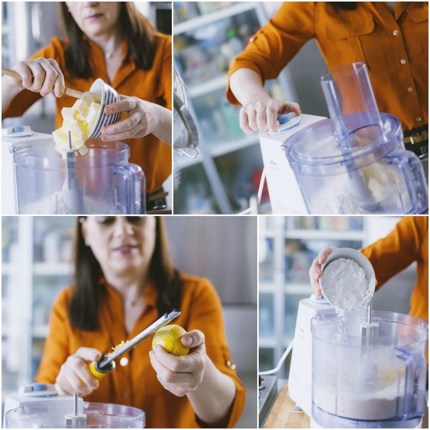 Burro a tocchetti, zucchero a velo e scorza di limone aggiunti al food processor per la frolla