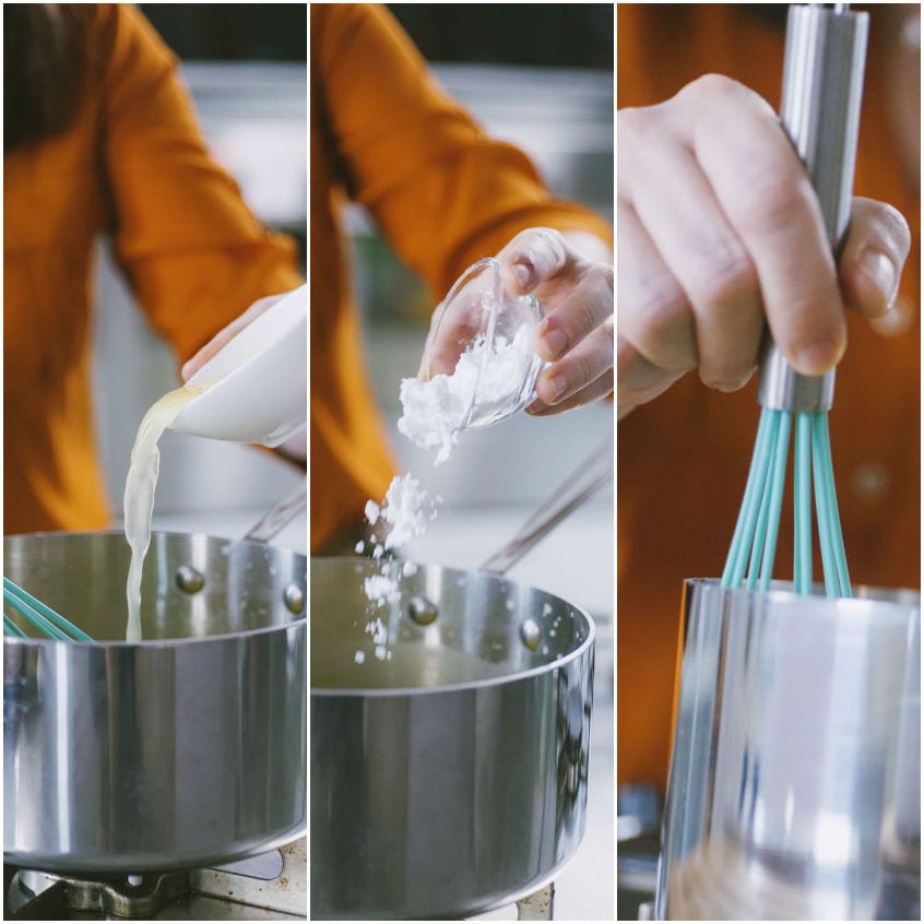 Latte versato in tegame, amido aggiunto e frusta pronta per mescolare la crema