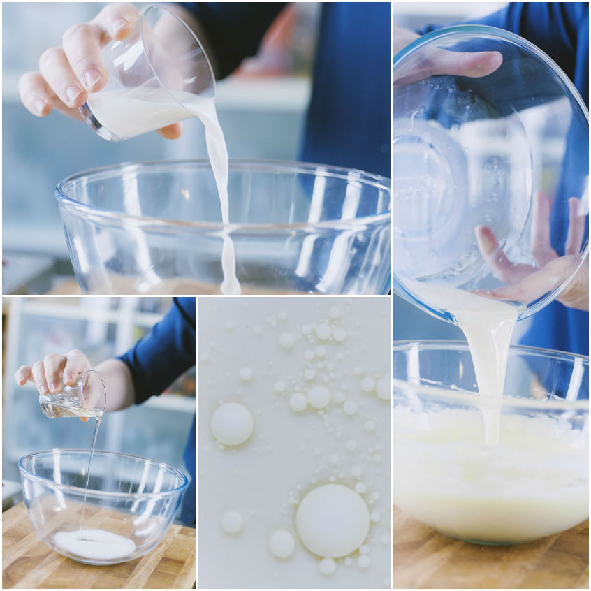 Latte e olio versati in una ciotola per formare un'emulsione liquida e omogenea