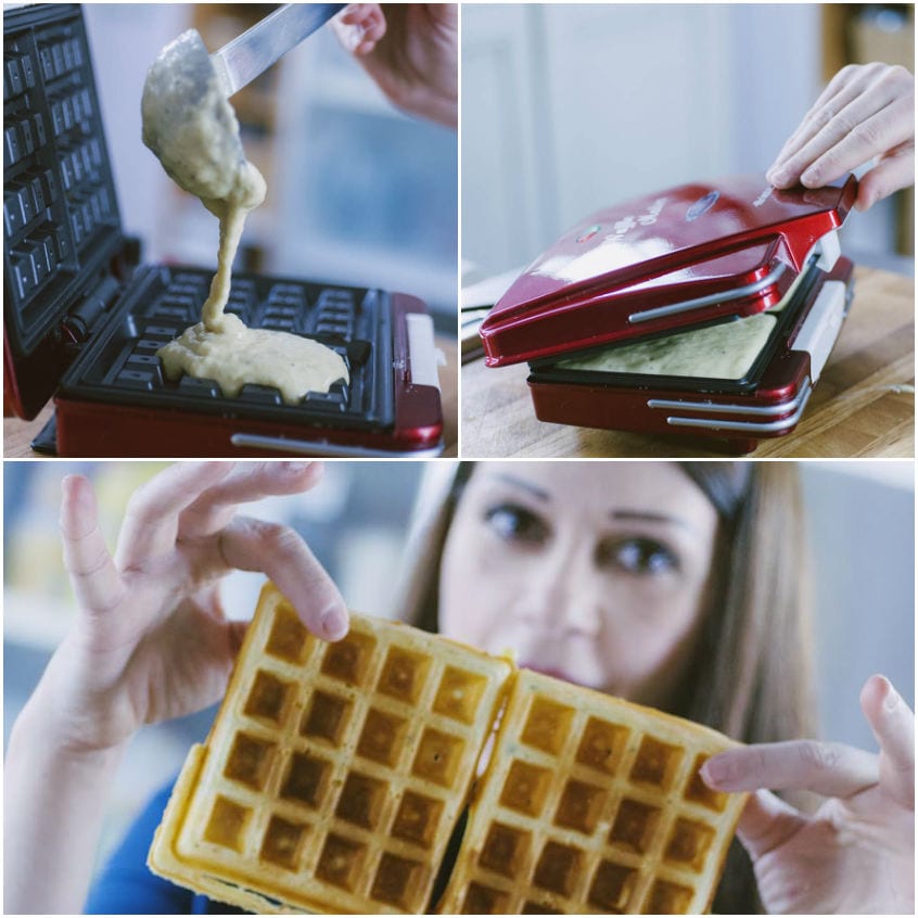 Impasto versato nella piastra, cottura e waffle salati appena estratti tra le mani