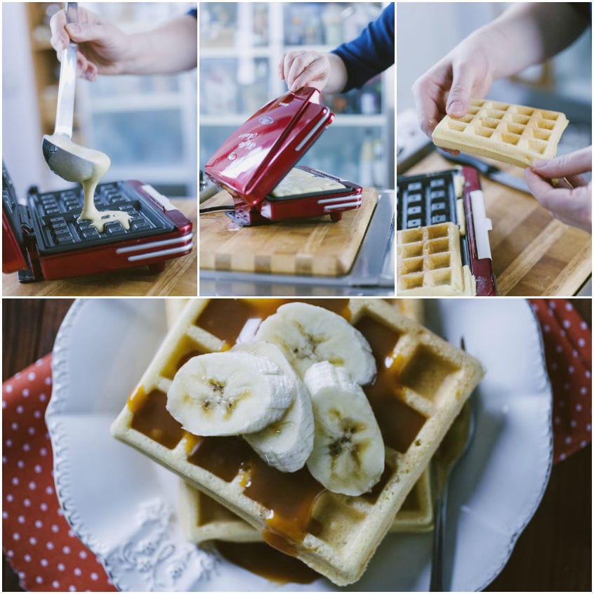 Impasto versato nella piastra, waffle cotto estratto e servito con banana a fette e caramello