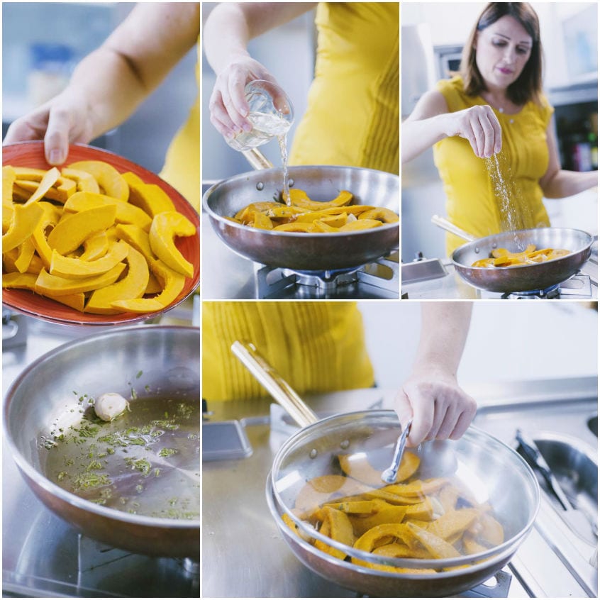 Fette di zucca saltate in padella con aglio ed erbe, sfumate con liquido e aggiustate di sale
