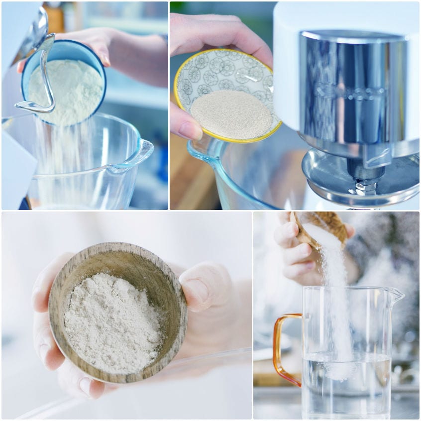 Farina versata nella planetaria, lievito secco aggiunto e sale sciolto in acqua per l'impasto dei bagel