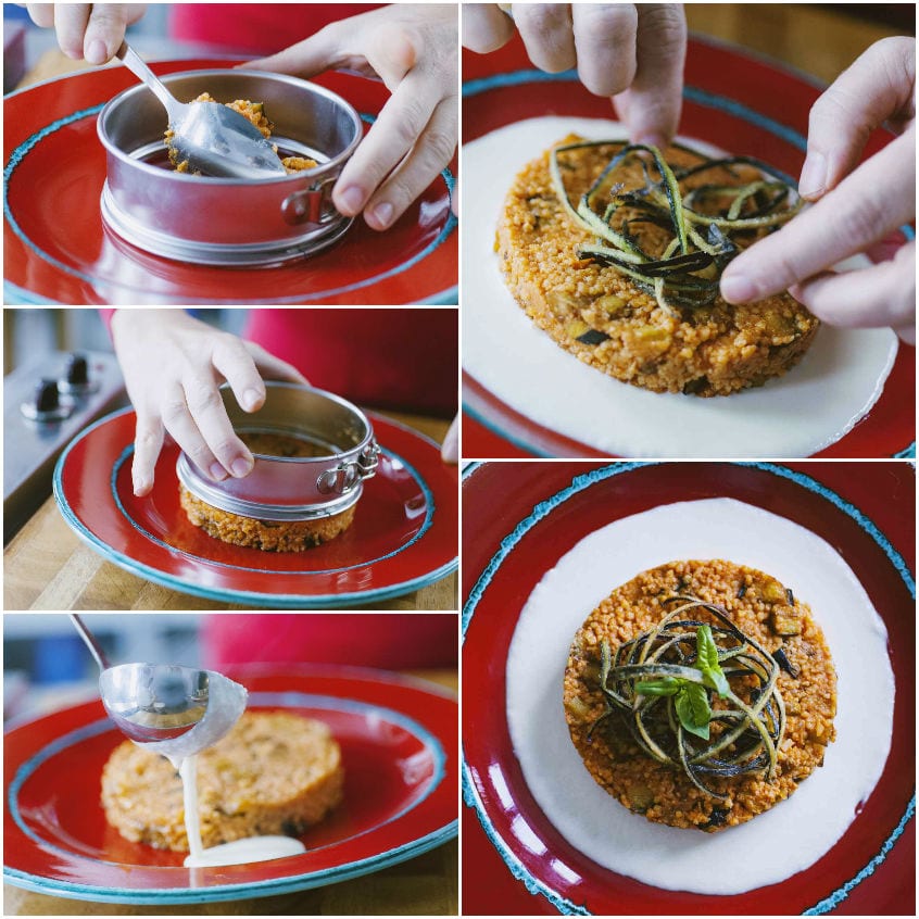 Composizione del couscous alla Norma: sformatura con coppapasta, colata di fonduta e guarnizione con melanzane e basilico