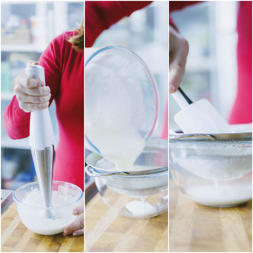 Fonduta frullata con mixer a immersione e poi setacciata per ottenere una crema liscia