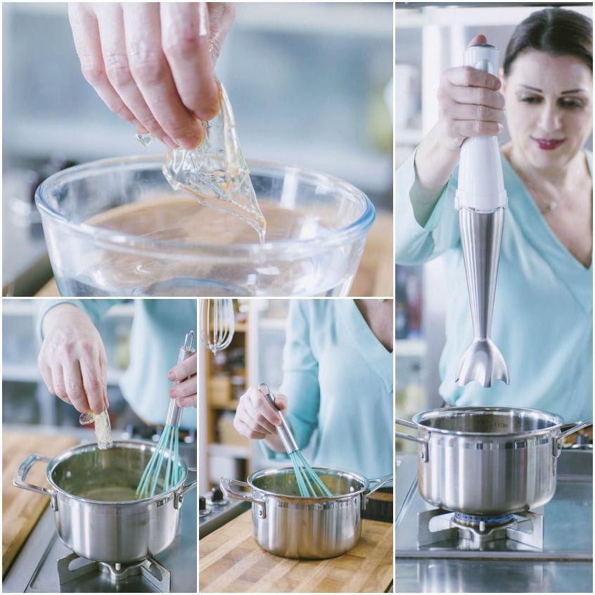 Gelatina strizzata aggiunta alla panna calda, mescolata e frullata con il mixer a immersione