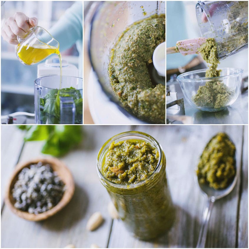 Pesto di capperi frullato: olio versato nel mixer, salsa densa pronta e trasferita in barattolo