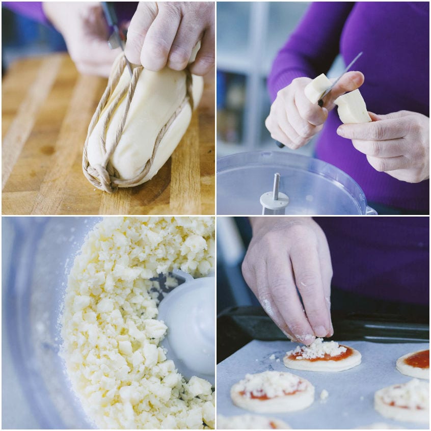 Provola tritata nel food processor e distribuita sulle pizzette con salsa di pomodoro