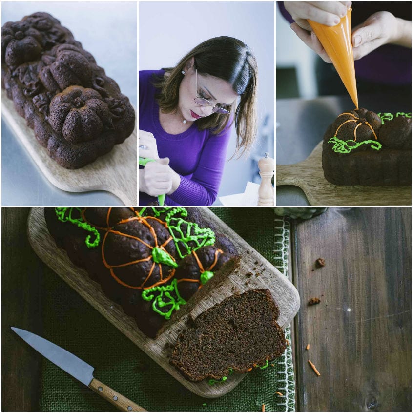 Decorazione con ghiaccia arancione e verde a forma di zucca su plumcake al cacao