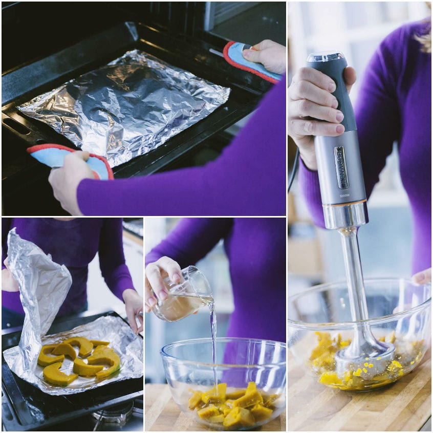 Fette di zucca arrostite frullate con un mixer a immersione fino a ottenere una purea liscia