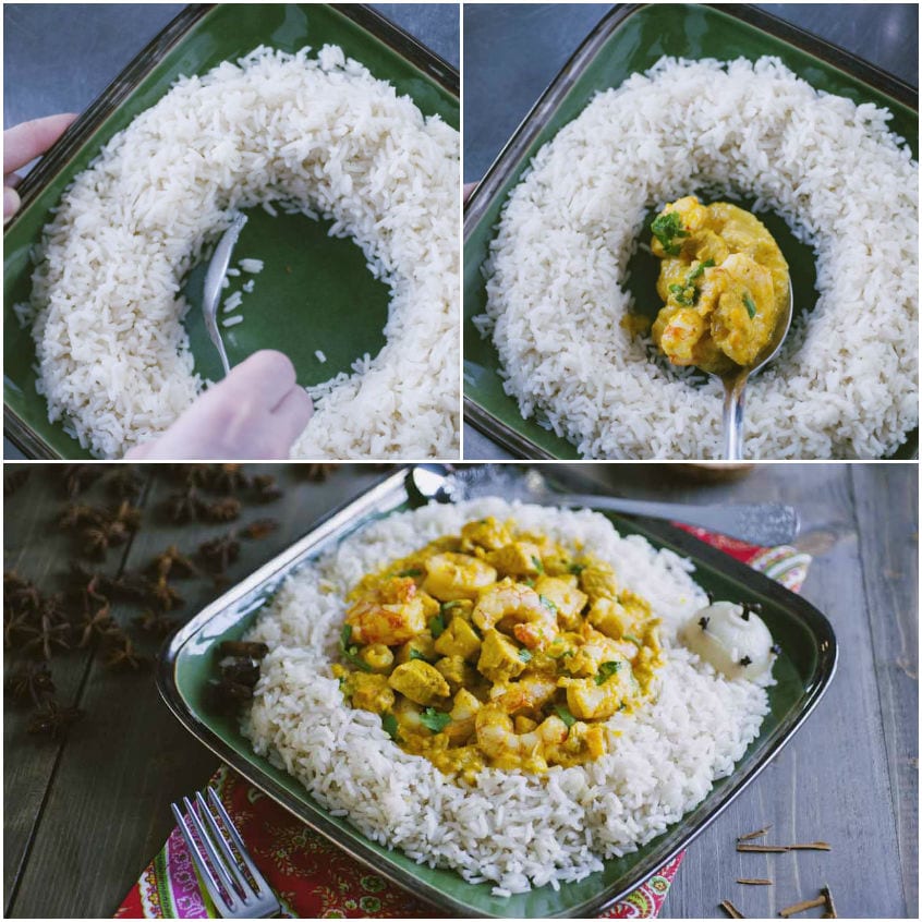 Riso modellato a ciambella con al centro pollo e gamberi al curry cosparsi di coriandolo