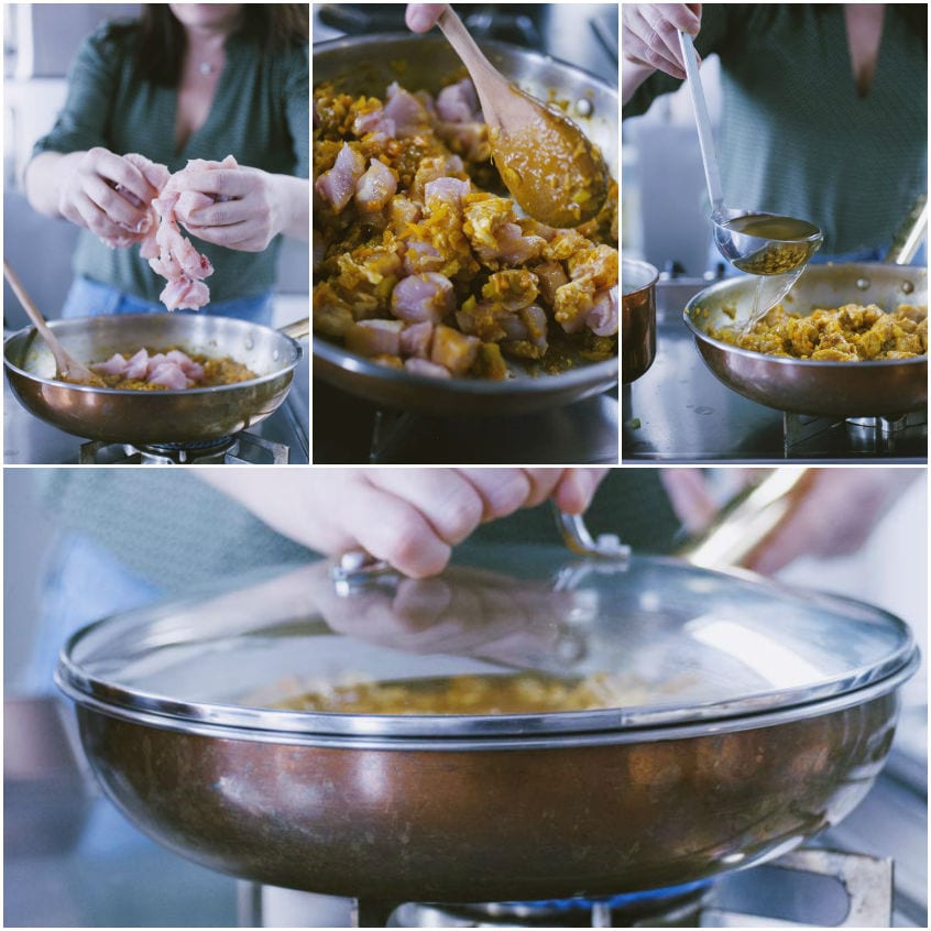Pollo tagliato a pezzi rosolato con curry, poi irrorato di brodo e cotto in padella coperta