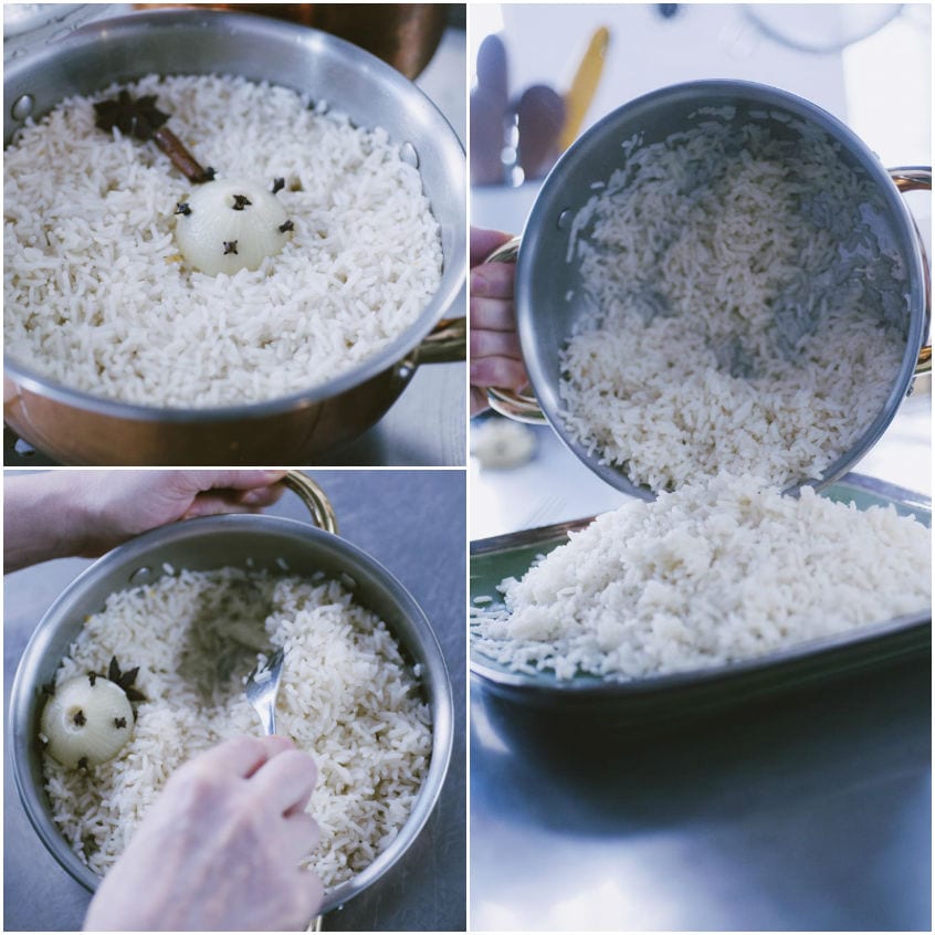 Riso pilaf sgranato con forchetta e rovesciato dalla pentola sul piatto da portata