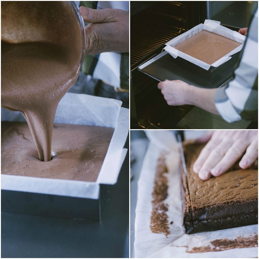 Impasto versato nello stampo, cottura in forno e taglio dei bordi della torta magica al cacao