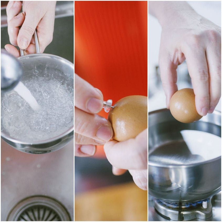 Tre fasi della preparazione delle uova sode: acqua bollente, foratura del guscio e immersione in pentola