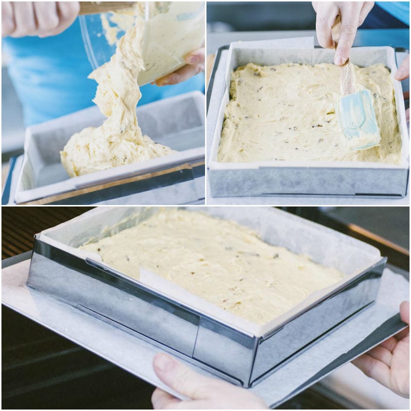 Impasto per blondies versato nello stampo e livellato prima di infornare