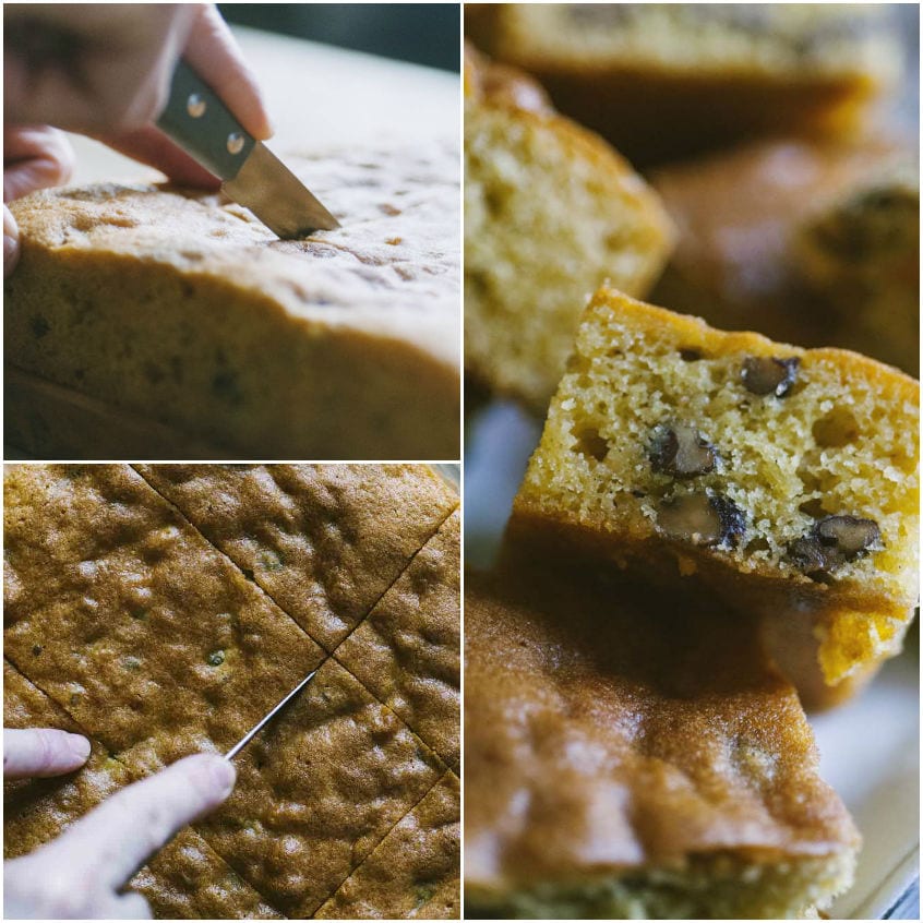 Blondies tagliati a quadrotti, con noci in evidenza nella morbida mollica dorata