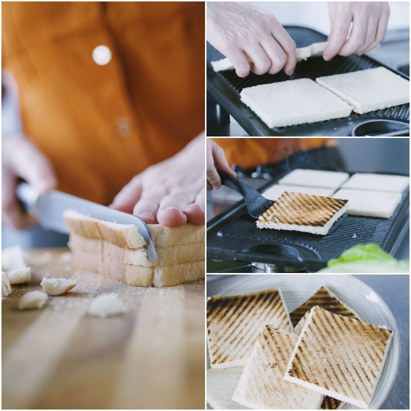 Pane per club sandwich privato della crosta e grigliato fino a rigare bene la superficie