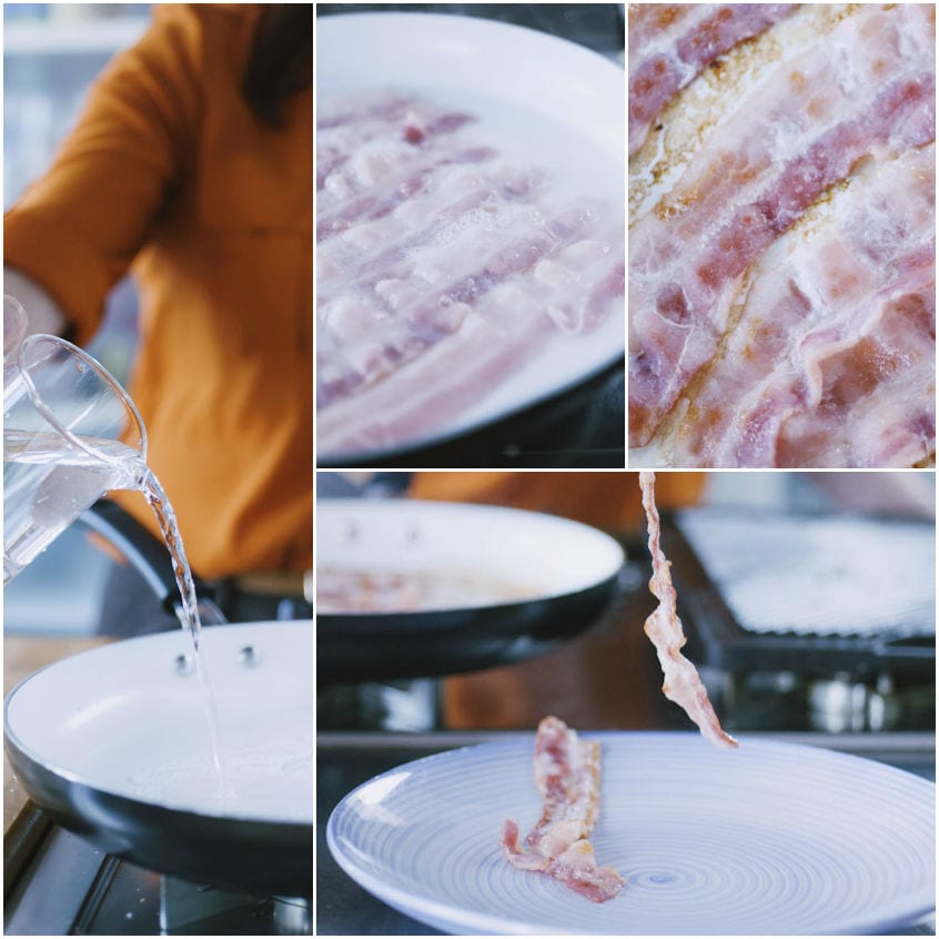 Fette di bacon disposte in padella con acqua e poi rosolate fino a diventare croccanti