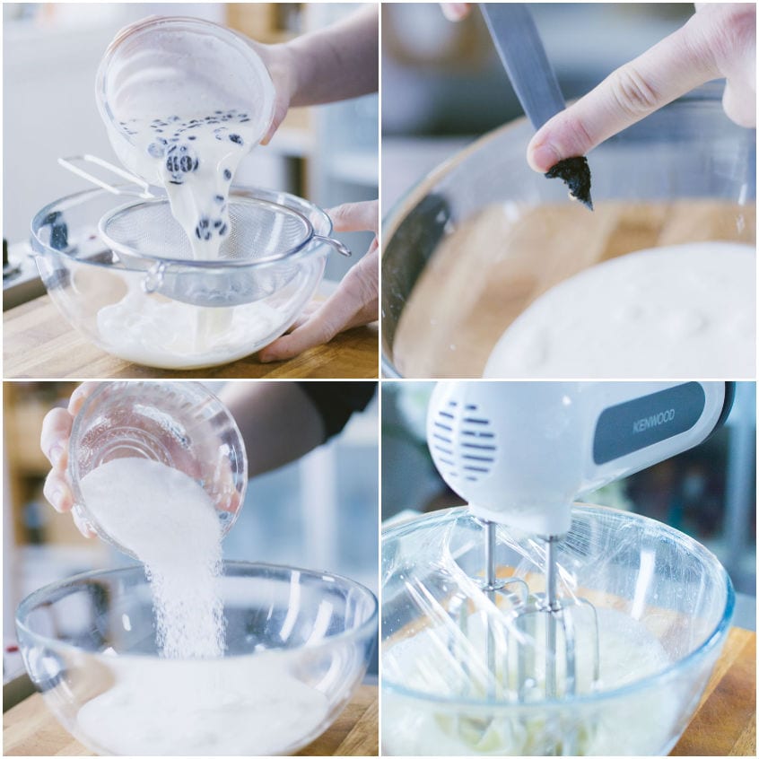 Panna filtrata, zucchero aggiunto e montatura con frullino per la crema al mascarpone