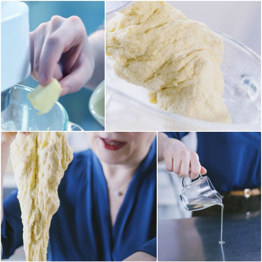 Impasto delle fette biscottate incordato e sollevato a mano, elastico e filante