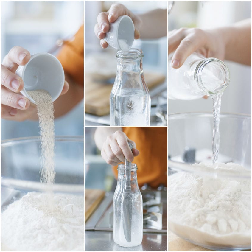 Lievito secco versato sulla farina, acqua e sale mescolati in bottiglia e liquido aggiunto alla ciotola