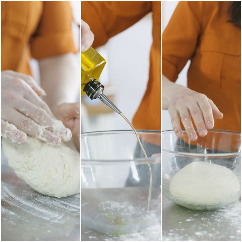 Impasto lavorato a mano, olio versato nella ciotola e panetto liscio pronto per lievitare