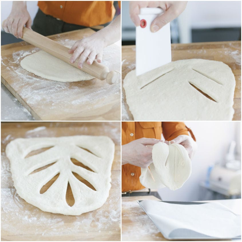 Quattro fasi della preparazione della fougasse: stesura, tagli a raggiera e trasferimento sulla teglia