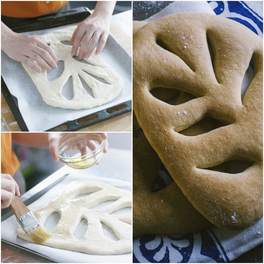 Mani che allargano i tagli della fougasse cruda, poi spennellata con olio prima della cottura