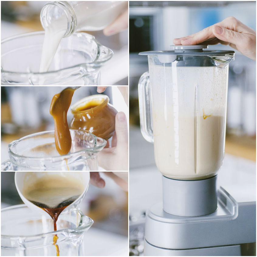 Latte, caramello e caffè freddo versati nel frullatore per preparare il frappè al cappuccino