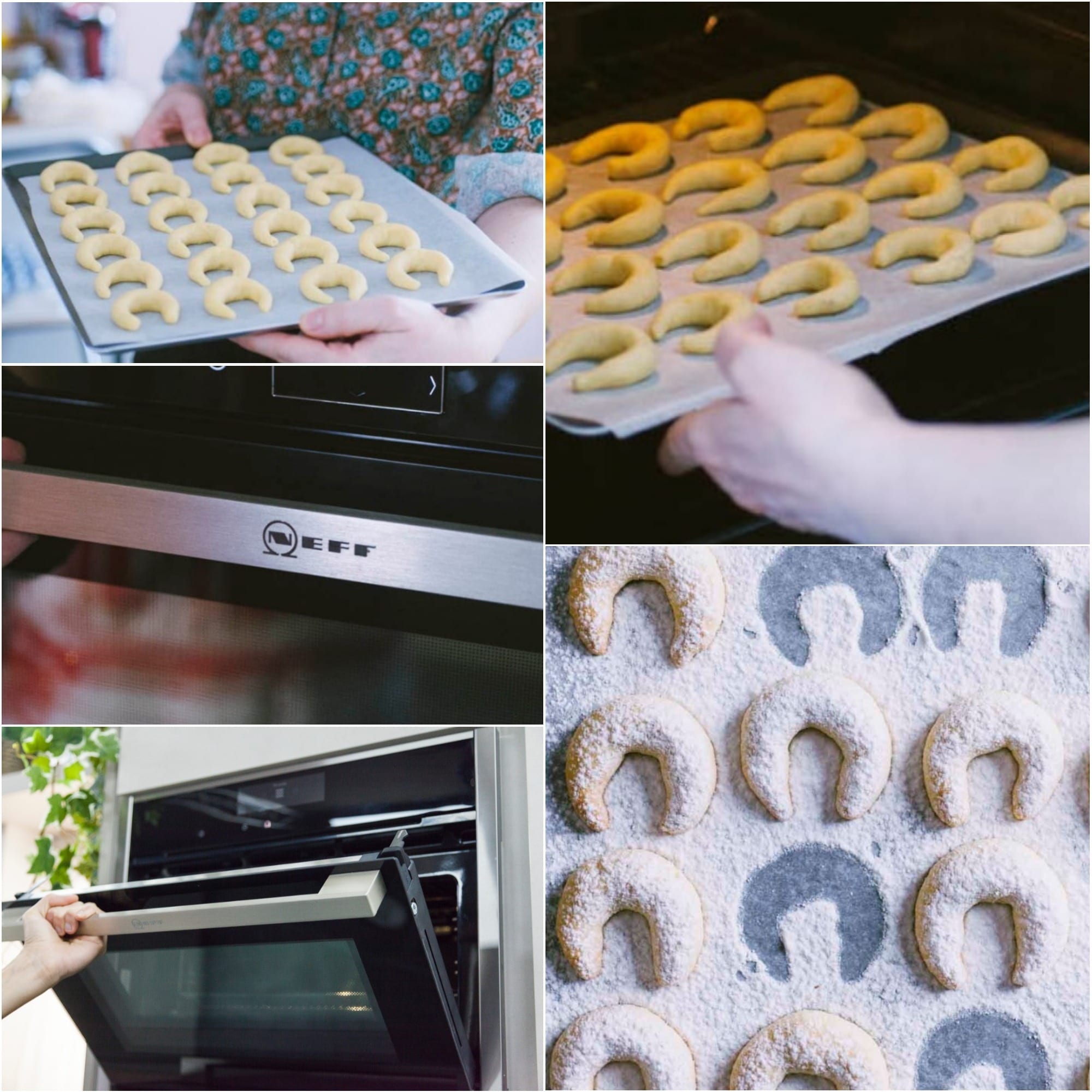 Kipferl a mezzaluna crudi sulla teglia, poi dorati in forno e infine spolverati di zucchero a velo