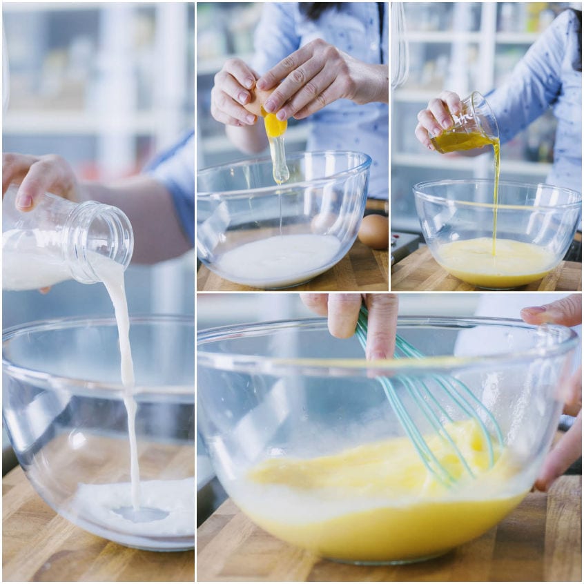 Latte, uovo e olio versati in ciotola e sbattuti con la frusta per l'impasto del kugelhopf salato