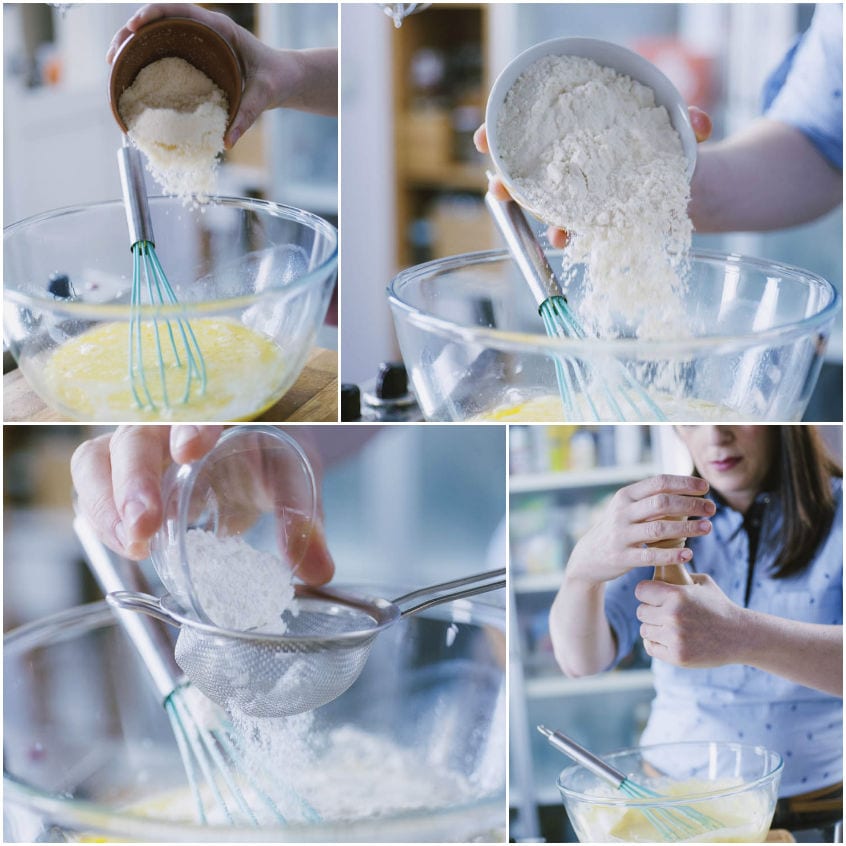 Farina e pecorino grattugiato versati nella ciotola con le uova sbattute per l'impasto