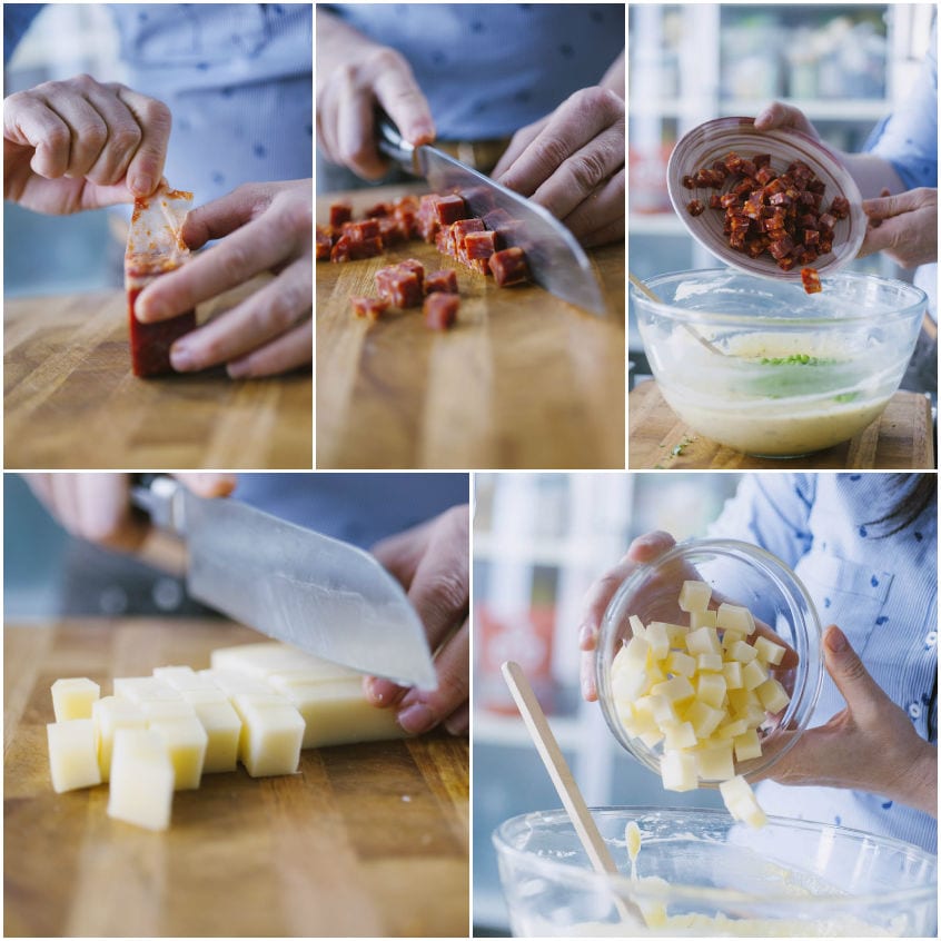 Salame e formaggio tagliati a cubetti vengono uniti all'impasto del kugelhopf salato