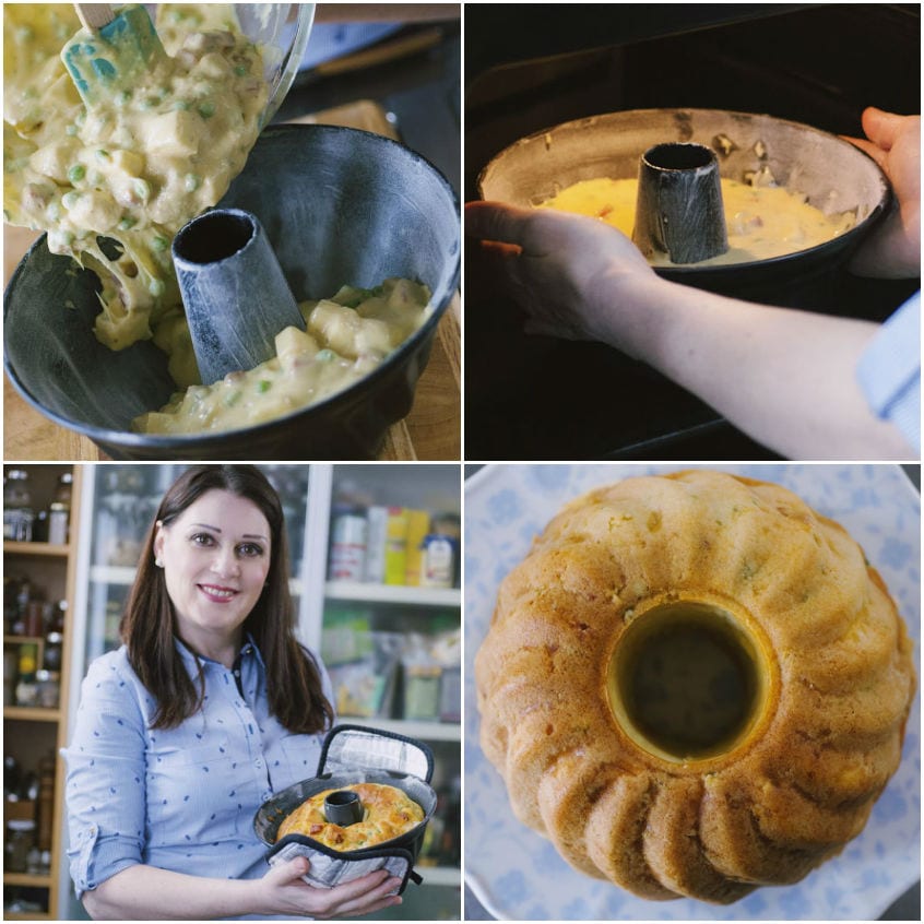 Impasto versato nello stampo a ciambella e kugelhopf salato sformato dorato e cotto