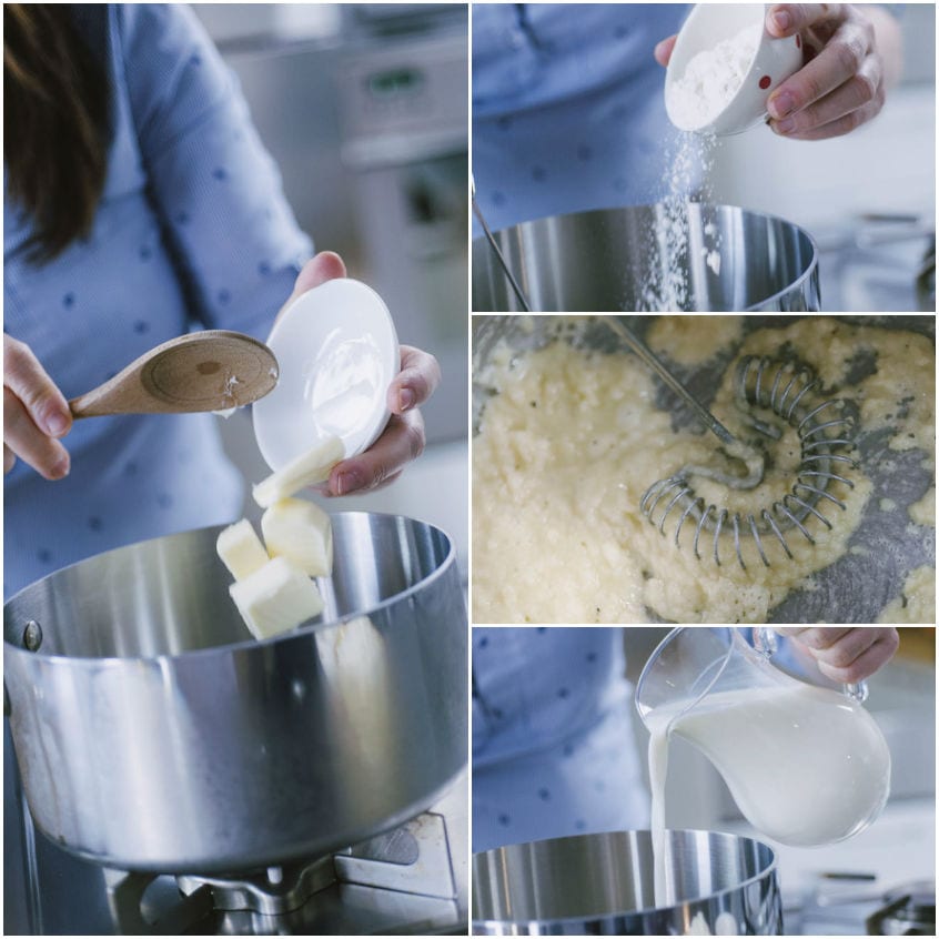 Preparazione del roux per il kugelhopf salato con burro, farina e latte versato a filo