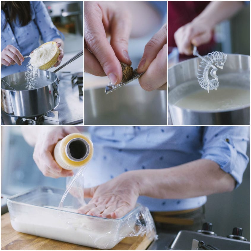Preparazione della crema di pecorino con noce moscata, poi versata in pirofila e coperta con pellicola