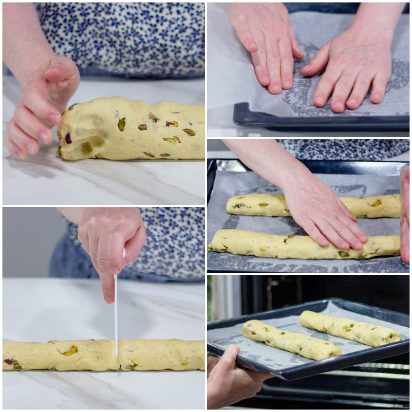 Filoncini di impasto ai pistacchi modellati e disposti sulla teglia prima della cottura