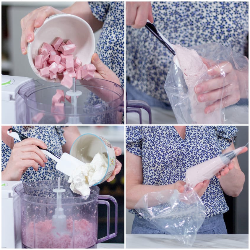 Cubetti di mortadella e ricotta frullati insieme e trasferiti in un sac à poche