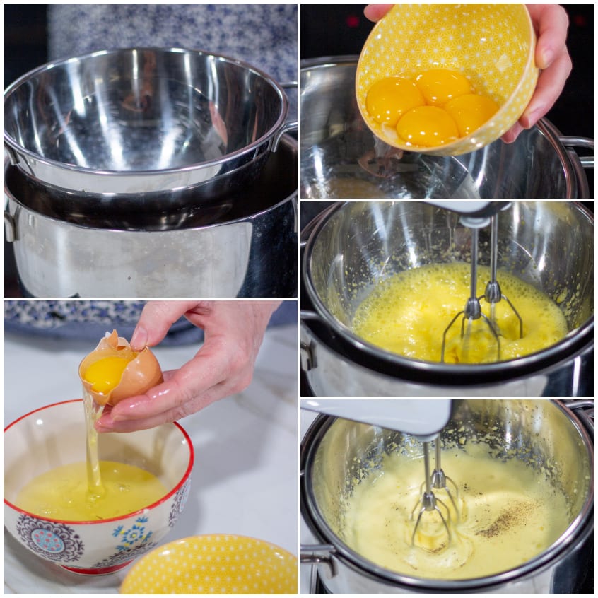 Tuorli d'uovo separati e montati a bagnomaria con frusta elettrica per lo zabaione