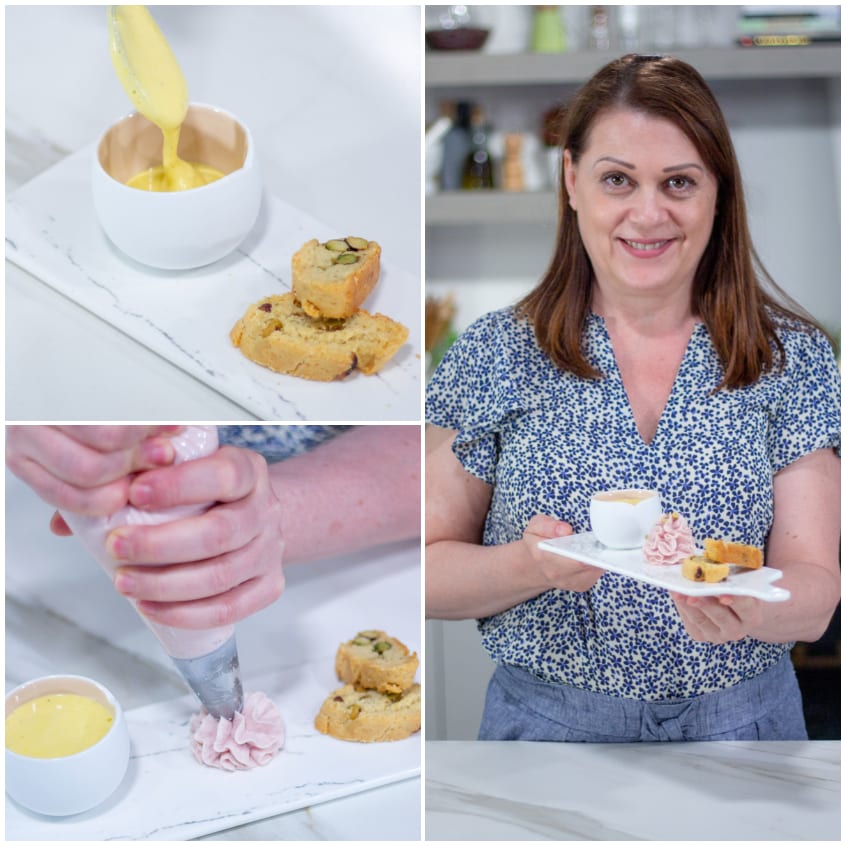 Composizione con zabaione versato, cantucci al formaggio e ciuffo di mousse di mortadella su sac a poche