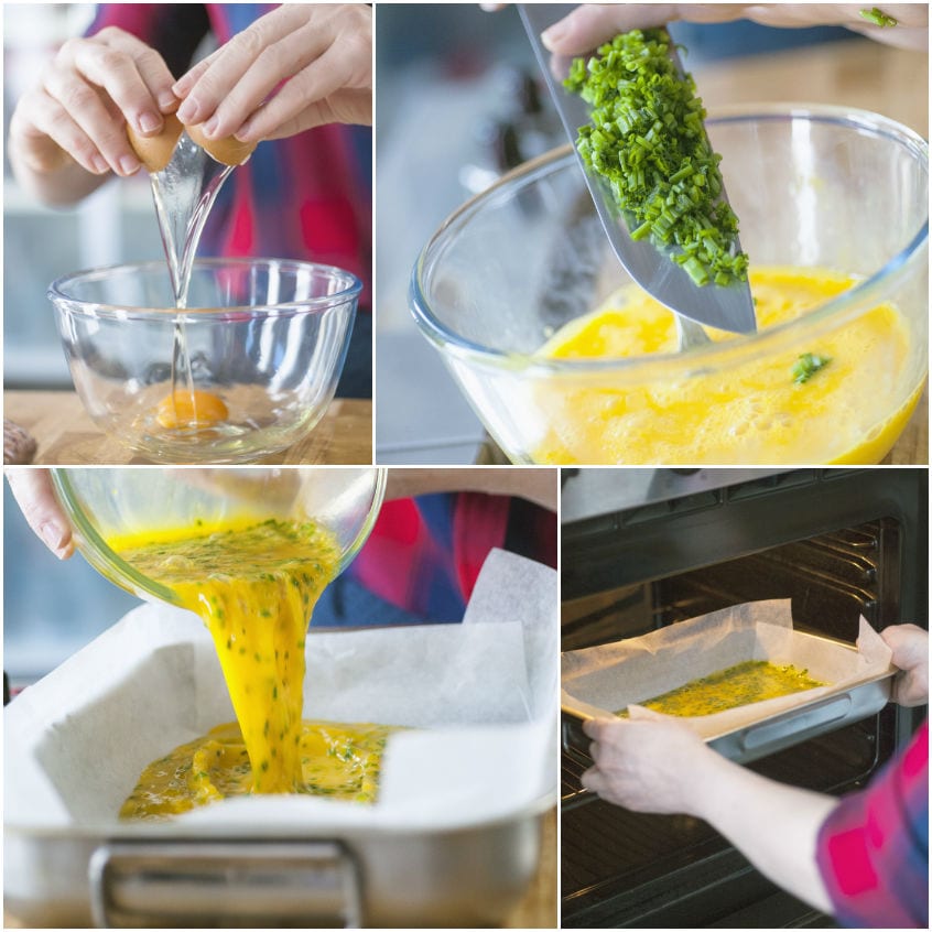 Impasto della frittata all'erba cipollina in teglia inserita in forno per la cottura